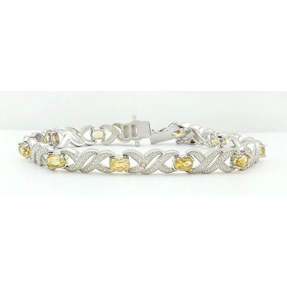 Genuine 7.40 Cts Yellow Topaz & Diamond Bracelet 14k White Gold Plated